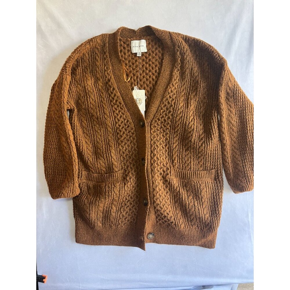Pink Rose Brown Cable Knit Button Front Cardigan Sweater Size M NWT - Picture 2 of 9